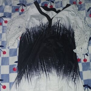 Elegant Ombre Black and White Blouse with Lace Sleeves